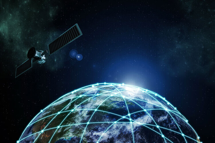 Satellites in space transmitting 5G throughout the Earth.